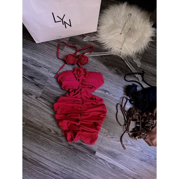 GenZ_Đầm Body Tăm Gân Nhún Hoa Hồng Hót Hình Thật✔️