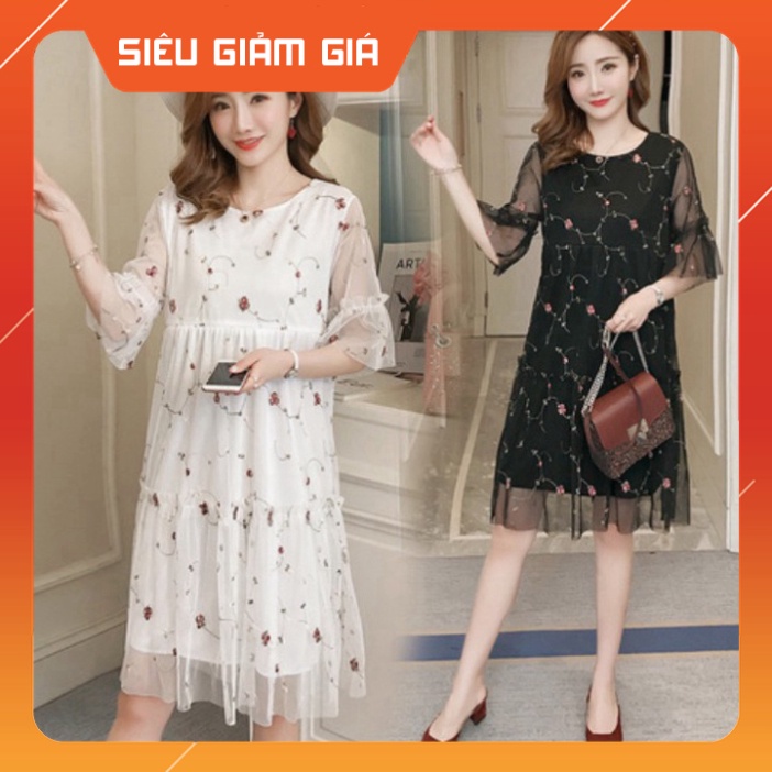 Đầm bầu dáng suông thêu hoa H05