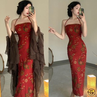 Đầm Hai Dây Dáng Dài Ôm Sát Co Giãn In Họa Tiết Phong Cách Trung Hoa Cổ Điển Thời Trang Quyến Rũ Dành Cho Nữ