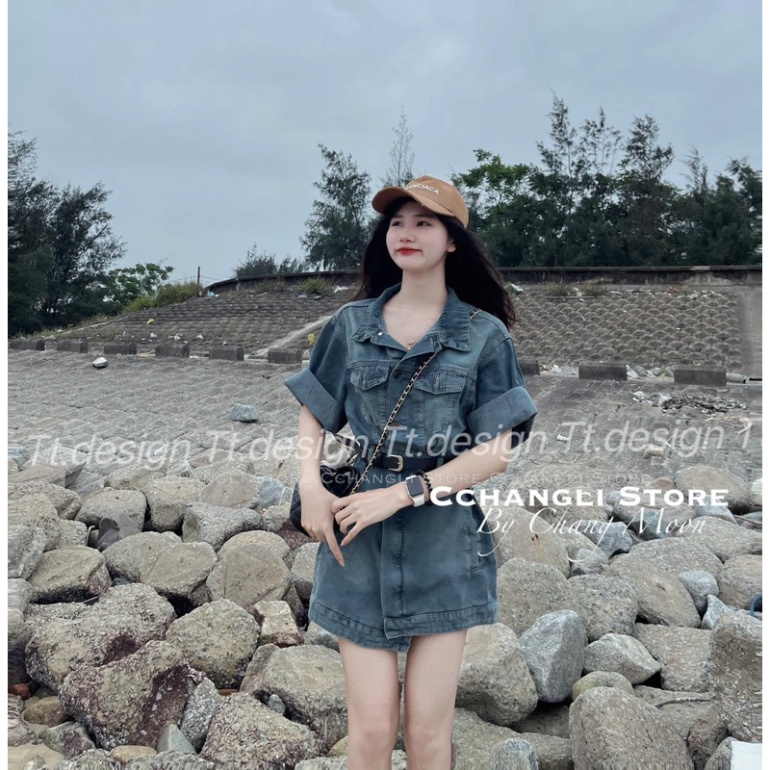 Váy denim tay lỡ, váy jean nữ  kèm đai lưng thời trang nữ 2023 cho nàng dạo phố