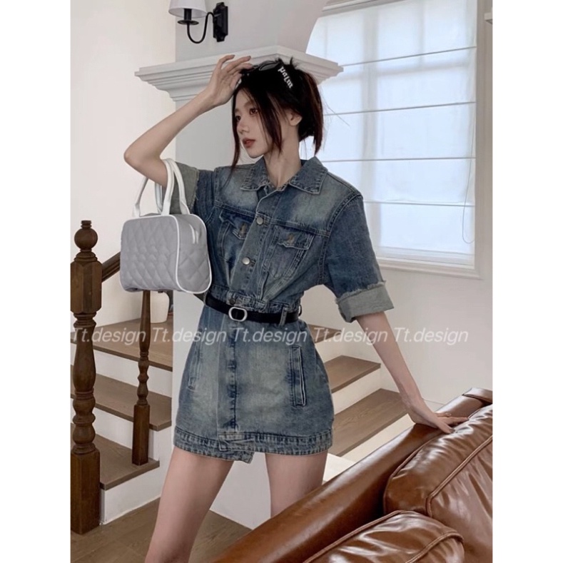 Váy denim tay lỡ, váy jean nữ  kèm đai lưng thời trang nữ 2023 cho nàng dạo phố