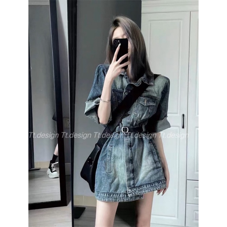 Váy denim tay lỡ, váy jean nữ  kèm đai lưng thời trang nữ 2023 cho nàng dạo phố