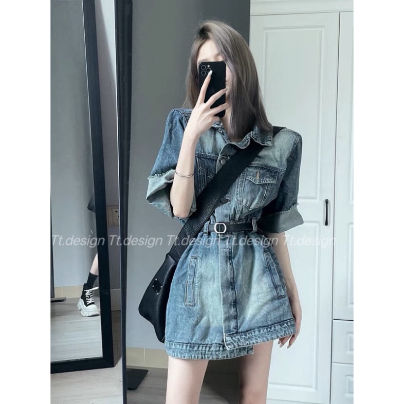 Váy denim tay lỡ, váy jean nữ  kèm đai lưng thời trang nữ 2023 cho nàng dạo phố