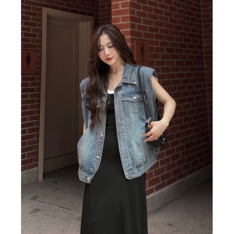 Áo Khoác Gile Bò Siêu Chất, Áo Gile Denim Dáng Rộng Có Túi Cổ Bẻ Cá Tính