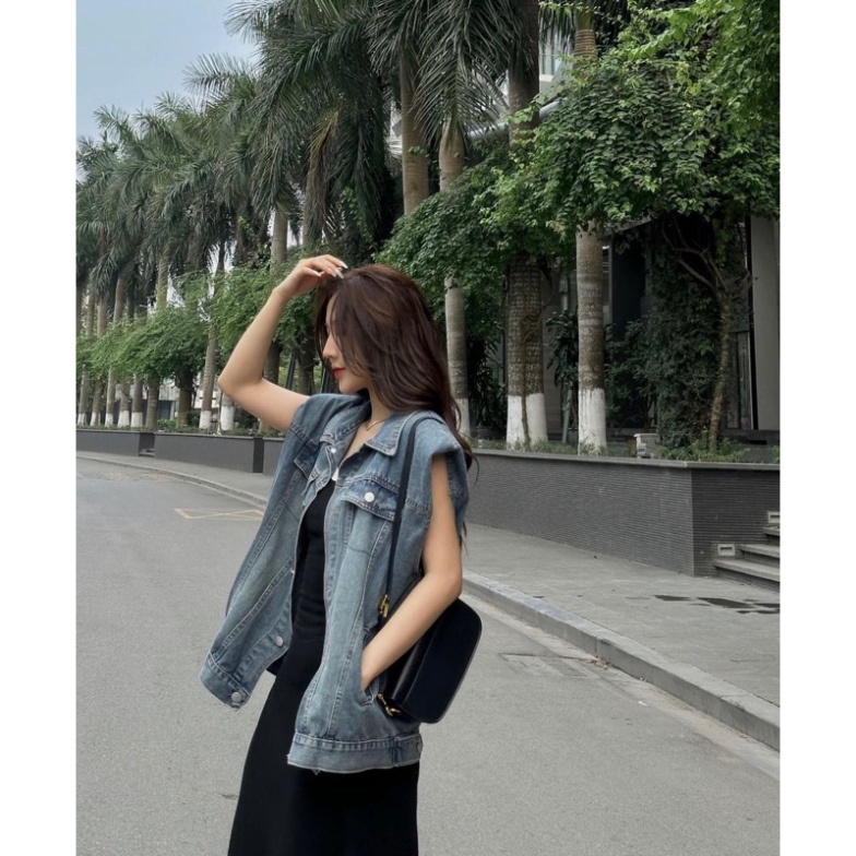 Áo Khoác Gile Bò Siêu Chất, Áo Gile Denim Dáng Rộng Có Túi Cổ Bẻ Cá Tính