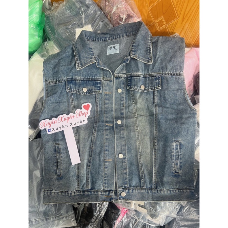 Áo Khoác Gile Bò Siêu Chất, Áo Gile Denim Dáng Rộng Có Túi Cổ Bẻ Cá Tính