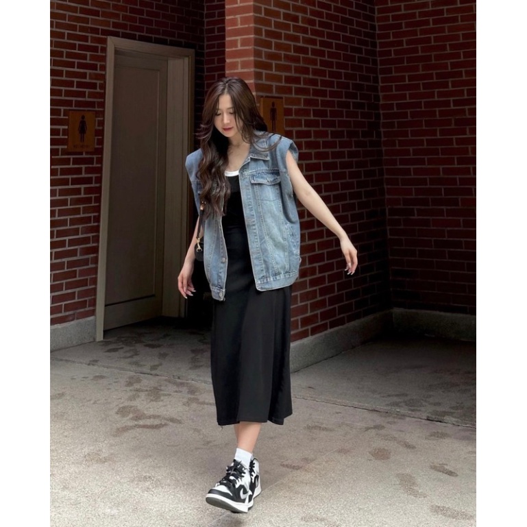 Áo Khoác Gile Bò Siêu Chất, Áo Gile Denim Dáng Rộng Có Túi Cổ Bẻ Cá Tính