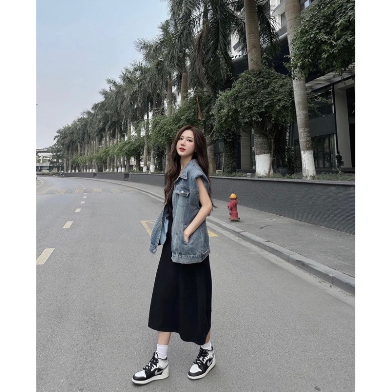 Áo Khoác Gile Bò Siêu Chất, Áo Gile Denim Dáng Rộng Có Túi Cổ Bẻ Cá Tính