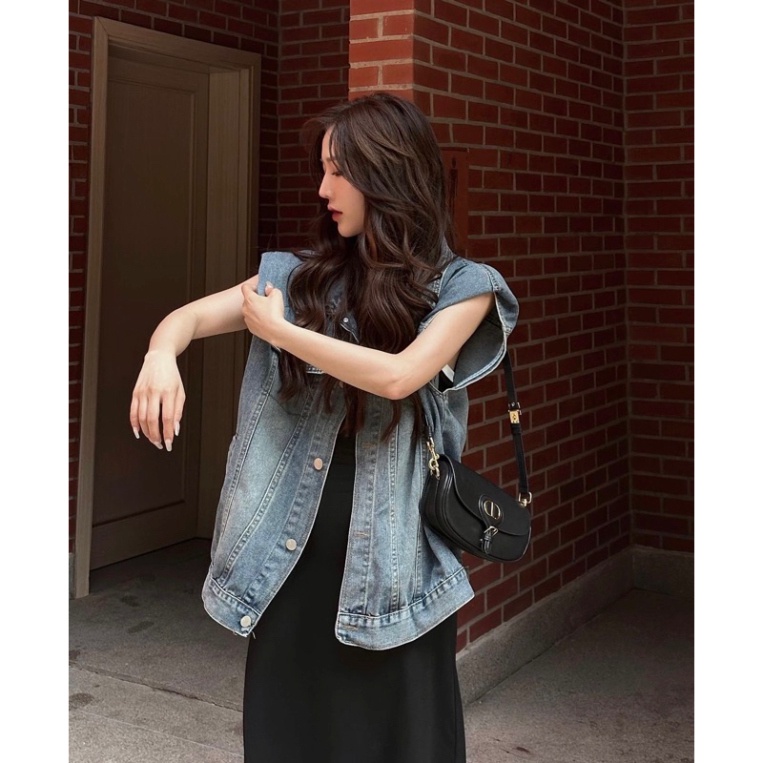 Áo Khoác Gile Bò Siêu Chất, Áo Gile Denim Dáng Rộng Có Túi Cổ Bẻ Cá Tính