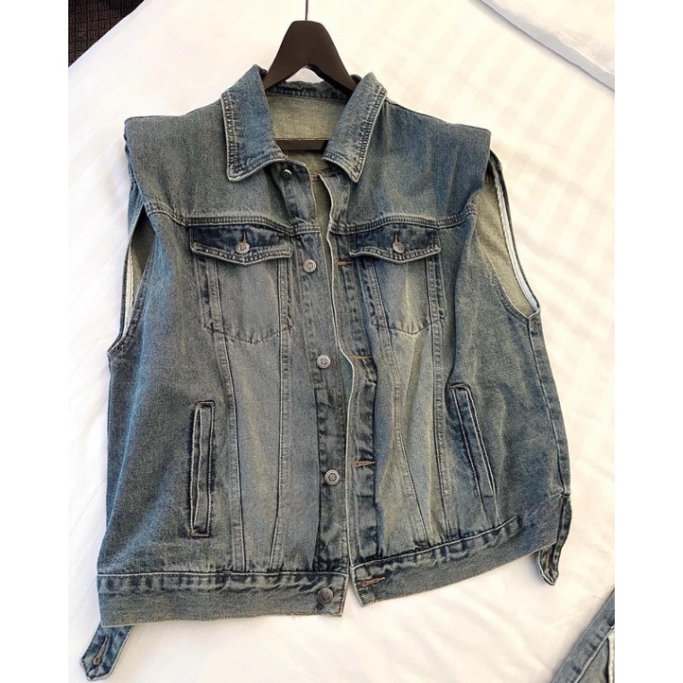 Áo Khoác Gile Bò Siêu Chất, Áo Gile Denim Dáng Rộng Có Túi Cổ Bẻ Cá Tính