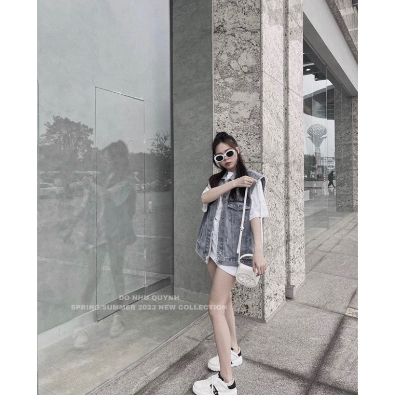 Áo Gile bò nữ rách túi , áo bò túi hộp cổ bẻ dáng rộng cho nàng