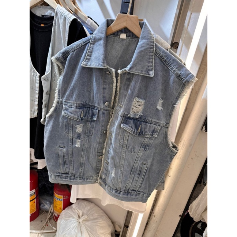 Áo Gile bò nữ rách túi , áo bò túi hộp cổ bẻ dáng rộng cho nàng