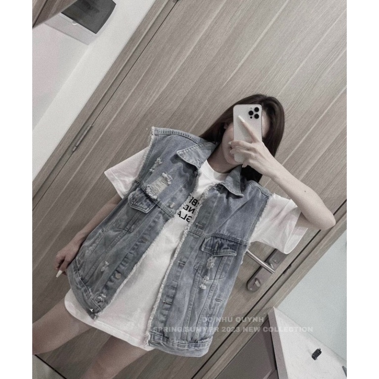 Áo Gile bò nữ rách túi , áo bò túi hộp cổ bẻ dáng rộng cho nàng