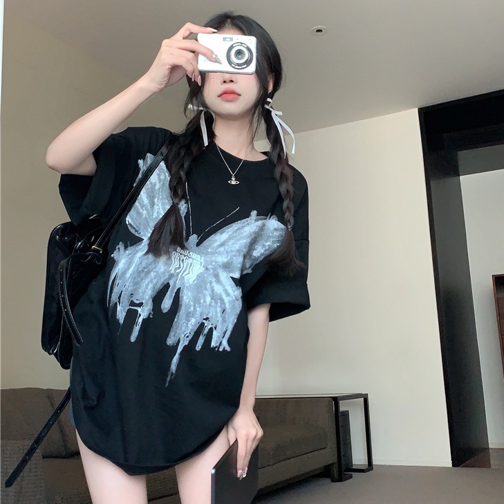 Áo Thun Tay Ngắn Dáng Rộng In Họa Tiết Bướm Màu Đen Phong Cách Mỹ Thời Trang Mùa Hè Cho Nữ