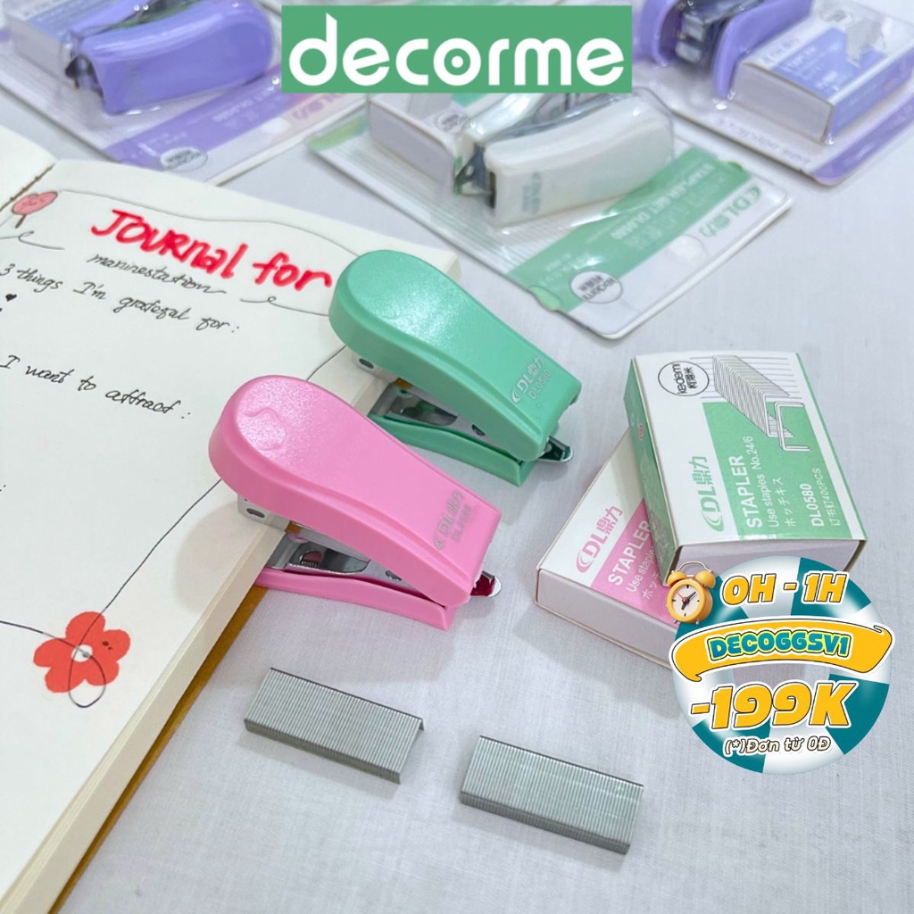 Dập ghim giấy mini Decorme kèm hộp ghim Dụng cụ bấm ghim học sinh nhiều màu Văn phòng phẩm
