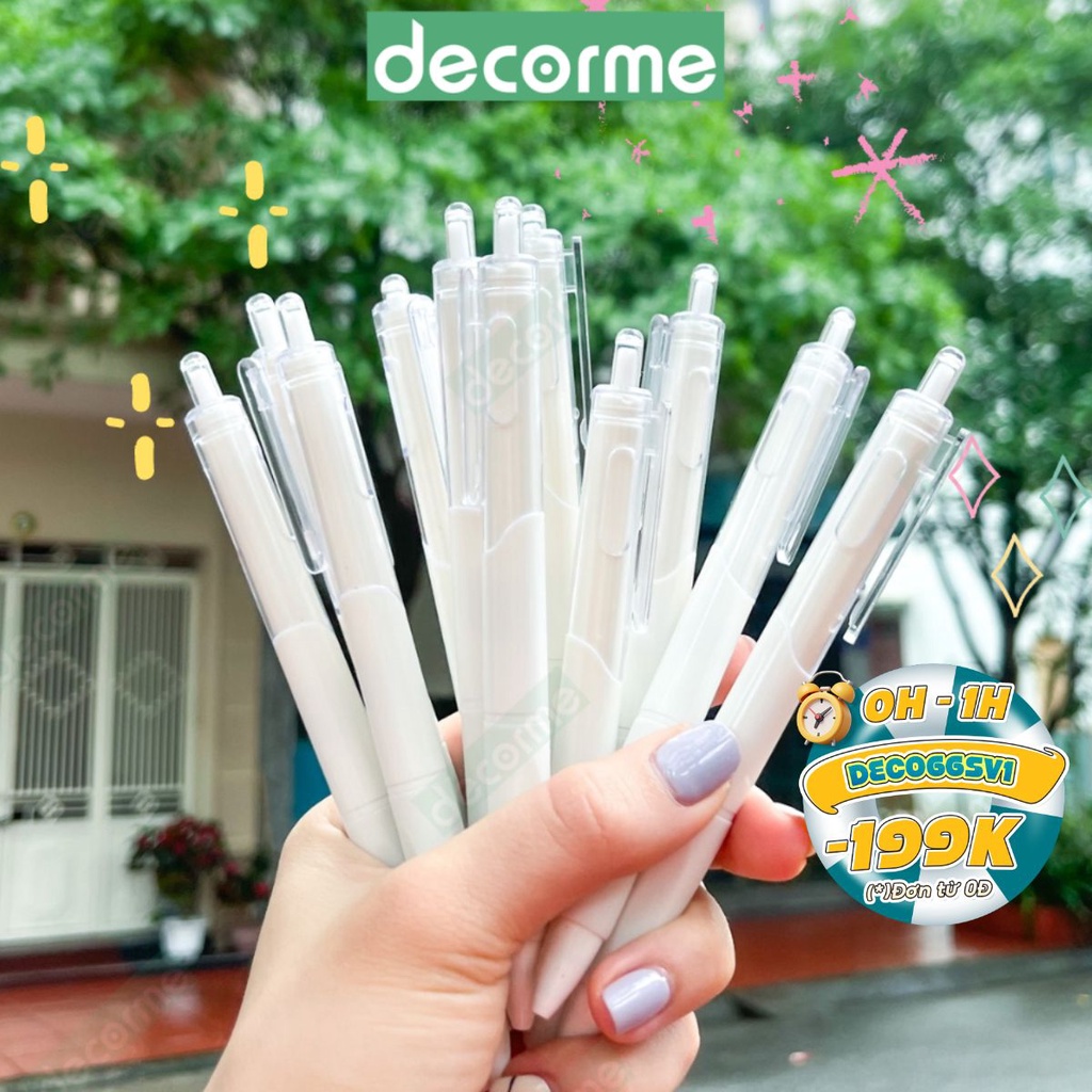 Bút Bi gel bấm trắng Decorme bút gel đen viết mực đen bút gel bấm ngòi 0.5mm viết trơn mượt phong cách Hàn Quốc