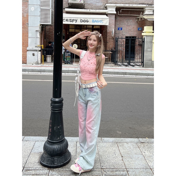 Jiashucheng Quần Jean Dáng Rộng Màu Tương Phản Graffiti Phong Cách Mỹ Thời Trang Mùa Hè Cho Nữ