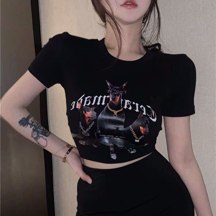 Jiashucheng Áo Thun Ngắn Tay Dáng Ôm In Họa Tiết Phong Cách Retro Hong Kong Mùa Hè Sang Trọng Dành Cho Nữ