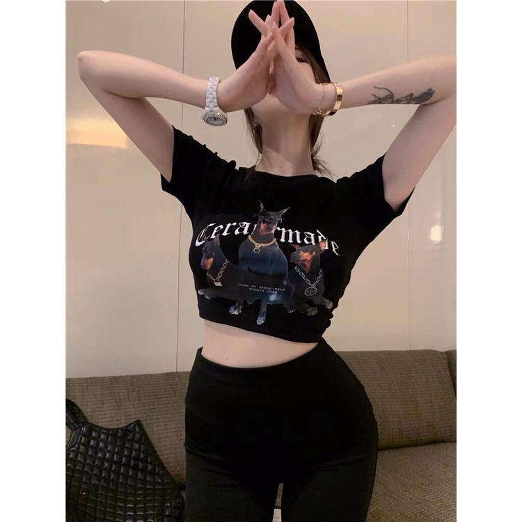 Jiashucheng Áo Thun Ngắn Tay Dáng Ôm In Họa Tiết Phong Cách Retro Hong Kong Mùa Hè Sang Trọng Dành Cho Nữ