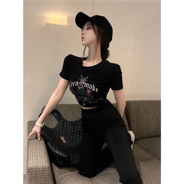 Jiashucheng Áo Thun Ngắn Tay Dáng Ôm In Họa Tiết Phong Cách Retro Hong Kong Mùa Hè Sang Trọng Dành Cho Nữ