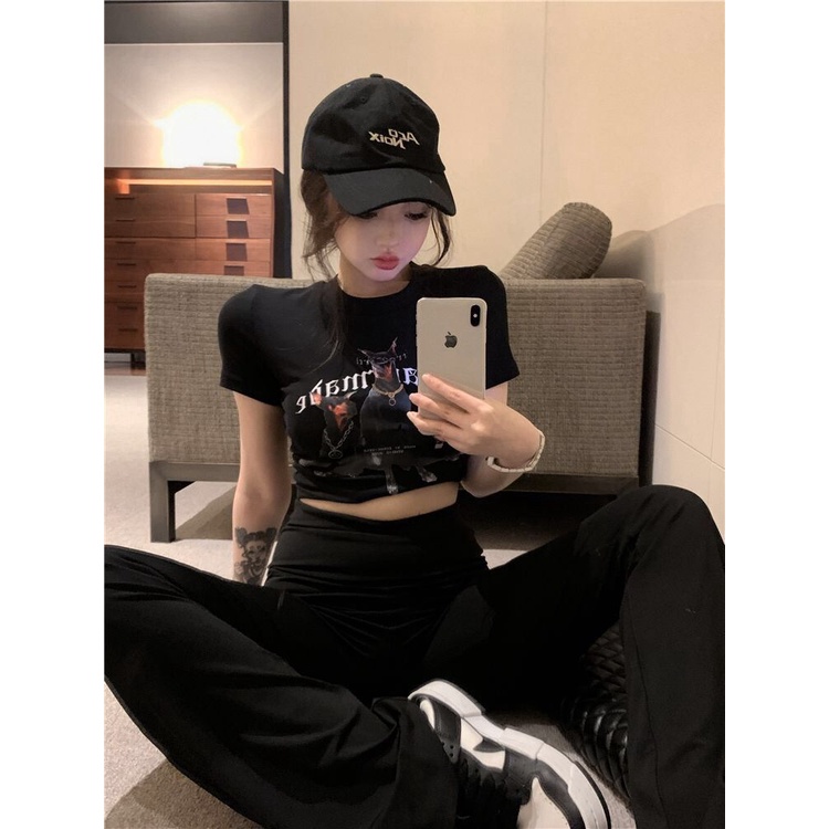 Jiashucheng Áo Thun Ngắn Tay Dáng Ôm In Họa Tiết Phong Cách Retro Hong Kong Mùa Hè Sang Trọng Dành Cho Nữ