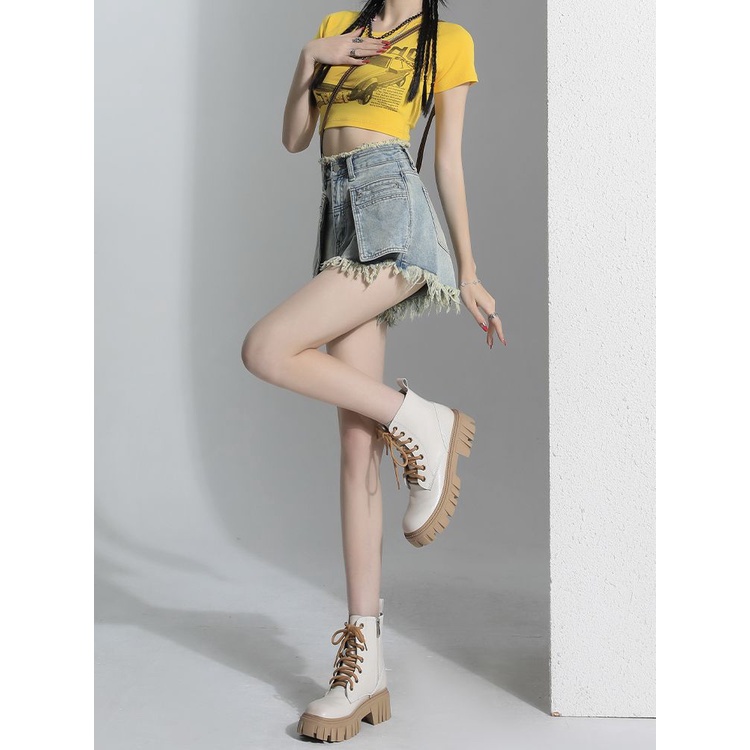 Jiashucheng Quần Short Denim Lưng Cao Dáng Chữ a Phối Tua Rua Thiết Kế Mới Thời Trang Mùa Hè Cho Nữ