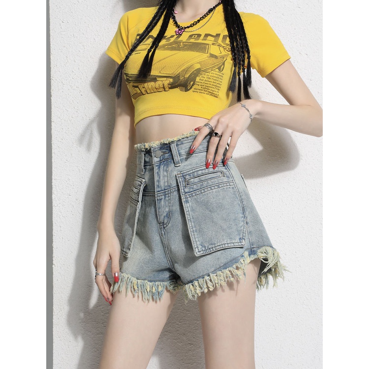 Jiashucheng Quần Short Denim Lưng Cao Dáng Chữ a Phối Tua Rua Thiết Kế Mới Thời Trang Mùa Hè Cho Nữ