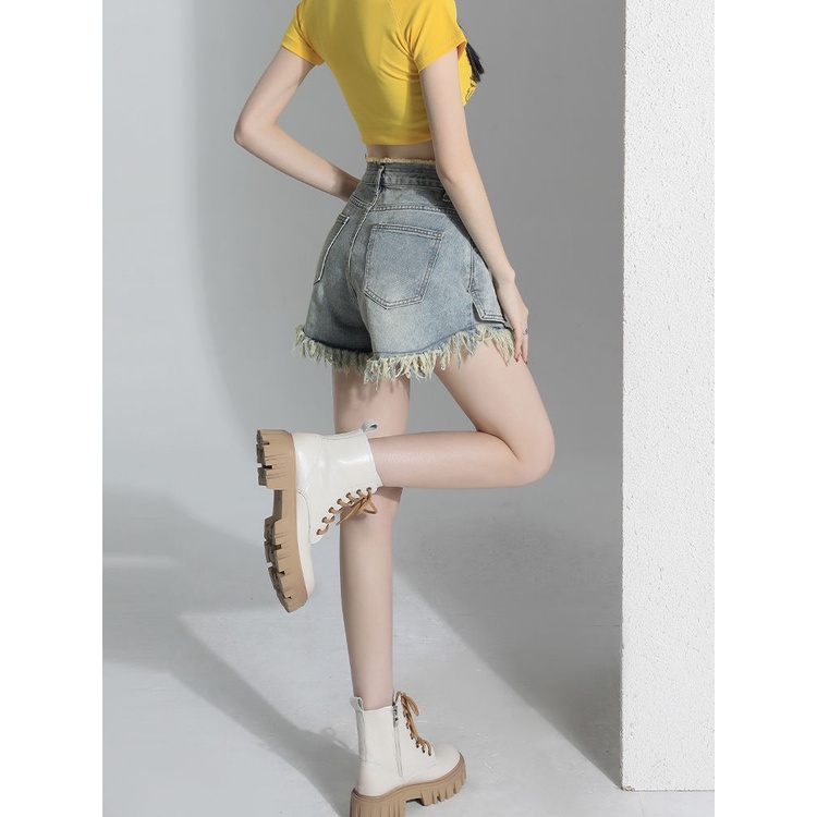 Jiashucheng Quần Short Denim Lưng Cao Dáng Chữ a Phối Tua Rua Thiết Kế Mới Thời Trang Mùa Hè Cho Nữ