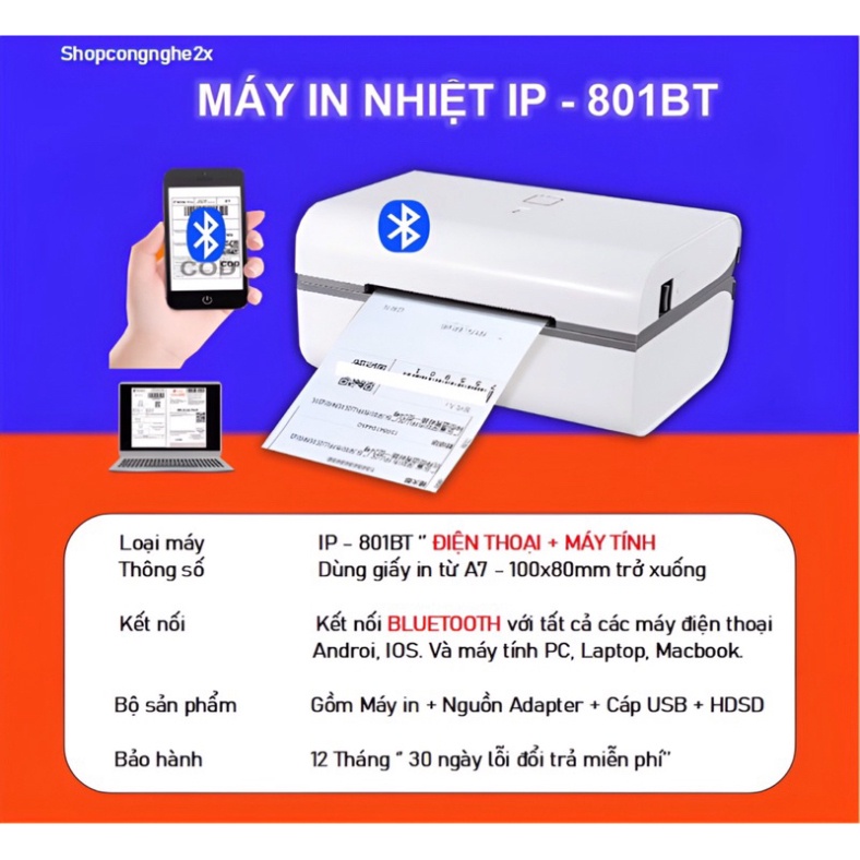 Máy in nhiệt Bluetooth A7 75x100mm dùng Điện thoại và Máy tính, in đơn hàng, phiếu gửi, tem nhãn, mã vạch.BH 12 tháng