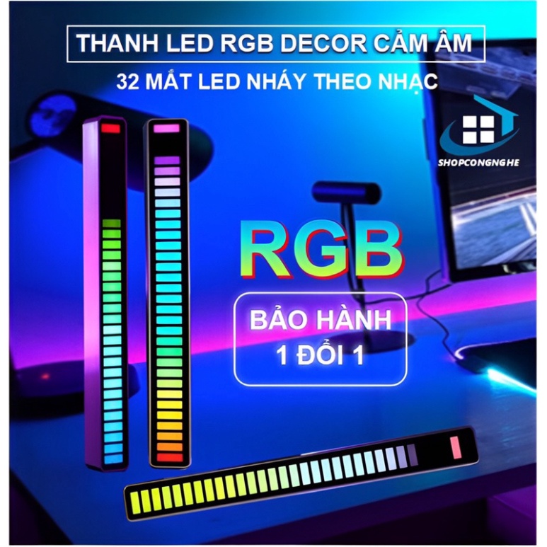 Thanh LED RGB Nháy Theo Nhạc, 32 mắt LED cảm âm thông thái , 8 cách thức Nháy, 18 hình thức Màu, khuyến mãi kèm theo cáp