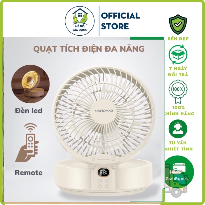 Quạt Mini Tích Điện NANOMAX WSK302, Gấp Gọn, Để Bàn, Treo Tường, Điều Khiển Từ Xa, Đèn Ngủ, Đế Xoay 