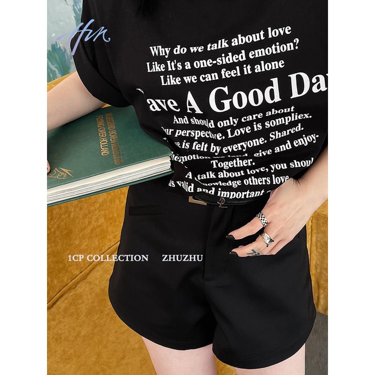 1 Áo Thun Tay Ngắn Dáng Rộng Màu Đen / Trắng In Chữ Thời Trang Mùa Hè 2023 Cho Nữ