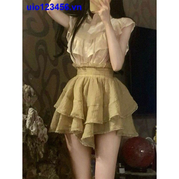 Set Áo Sơ Mi Cổ Bẻ Phối Bèo + Chân Váy Lưng Cao Nhiều Tầng Thời Trang Mùa Hè Mới Cho Nữ
