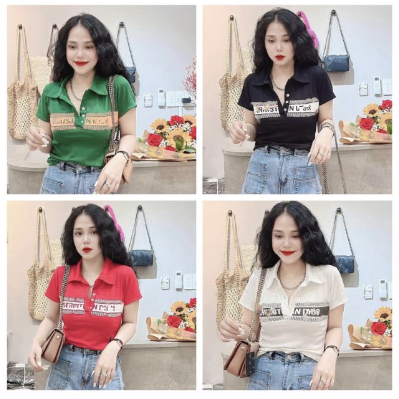 Áo thun cổ trụ- Áo thun cổ sơ mi ôm body nữ ,phối màu Lô Gô  nhận hàng đẹp hơn trong hình. Chất thun thái,From 38-53 ký
