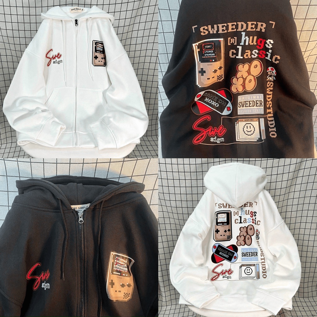 Áo khoác nam nữ Hoodie nỉ trơn Basic in XOXO form rộng tay bồng khóa kéo có mũ Ulzzang giá rẻ couple của shop Áo Khoác H