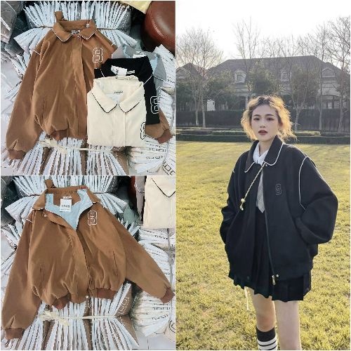 Áo khoác nữ chất da lộn lót dù 2 lớp thiết kế CỔ BẺ phối viền bo lai cực đẹp form rộng mặc thoải mái của shop Áo Khoác H