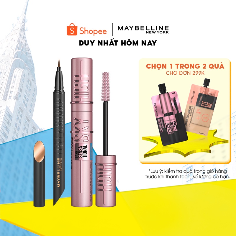 [Bộ Trang Điểm Mắt] Mascara Sky High Tơi Dài Mi Waterproof và Bút Kẻ Mắt Nước Siêu Sắc Mảnh Maybelline New York