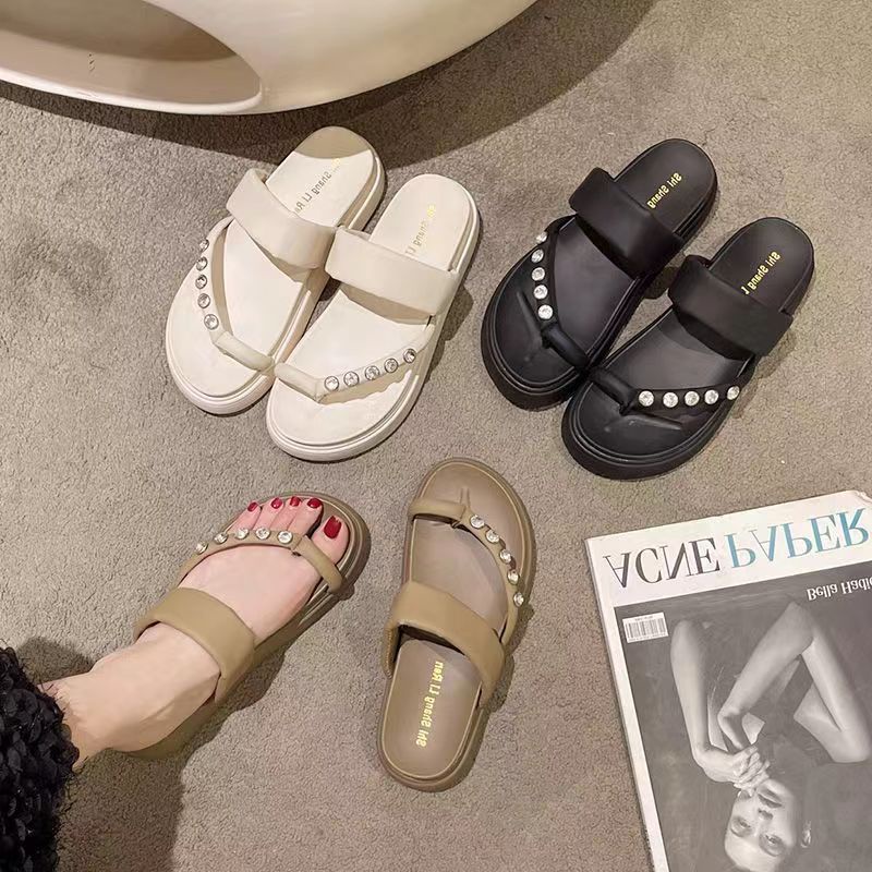 Dép nữ thời trang Dép lê đế dày đính đá thời trang