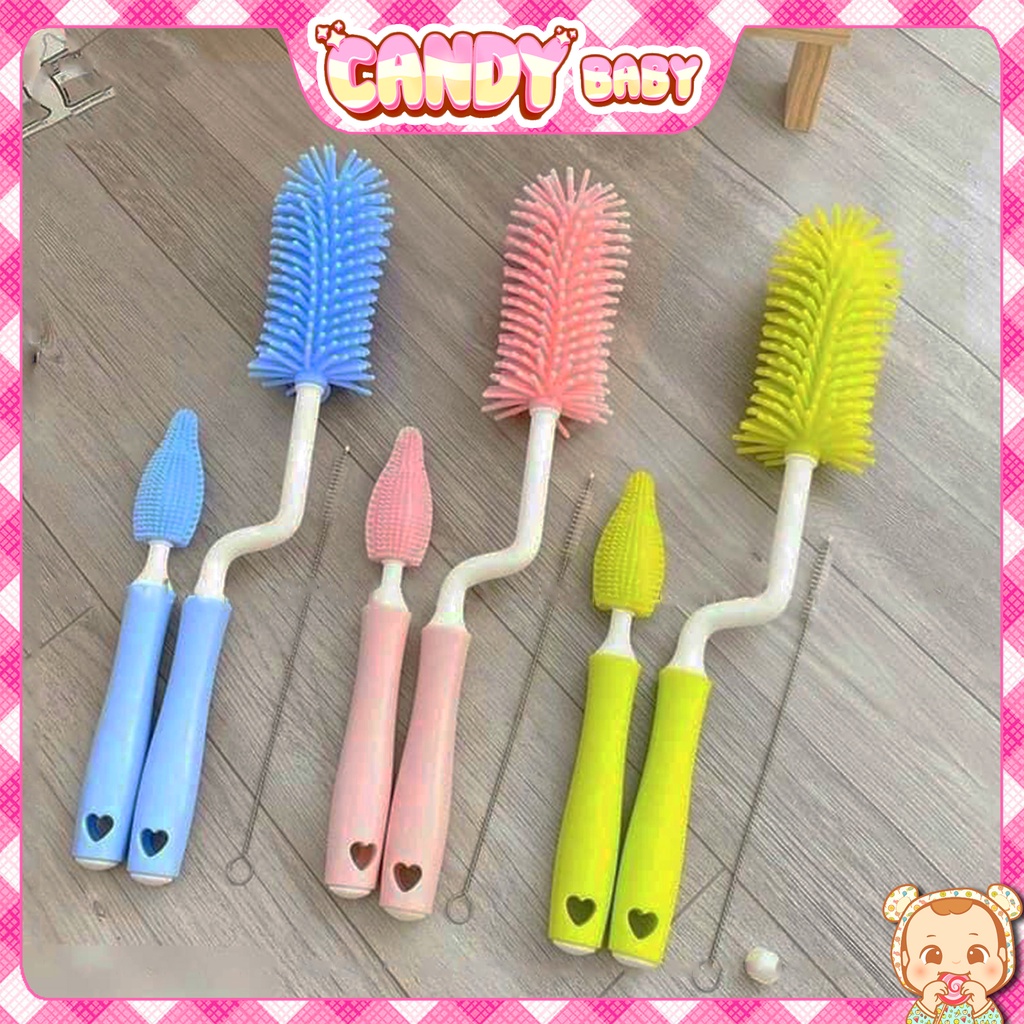 Cây rửa bình sữa silicon tay cầm xoay 360 độ, Bộ cọ rửa bình sữa silicon
