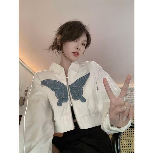 Hàng Có Sẵn Áo Khoác Cardigan Ngắn Cổ POLO Màu Trắng Có Khóa Kéo Hình Bướm Phản Quang Thời Trang Xuân Thu Dành Cho Bạn Nữ