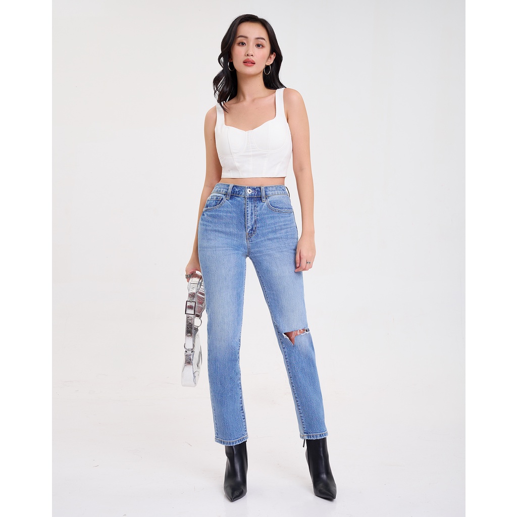 Quần Jeans Nữ Rách Gối. One Side Ripped Straight Jeans - 122WD1083F9950