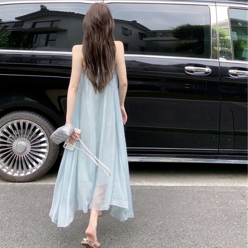 Jiashucheng Đầm Lưới Hai Dây Mỏng Phong Cách Thần Tiên Mùa Xuân Thiết Kế Không Đồng Đều