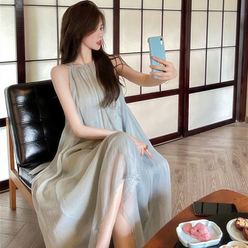 Jiashucheng Đầm Lưới Hai Dây Mỏng Phong Cách Thần Tiên Mùa Xuân Thiết Kế Không Đồng Đều