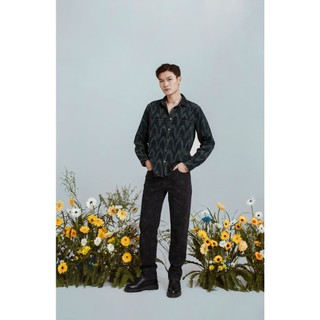 Áo Sơ Mi Denim Màu Xanh  Lá Đậm Họa Tiết Sóng Biển - Green Denim Shirt With Ocean Waves Laser - 122MD3034F3370
