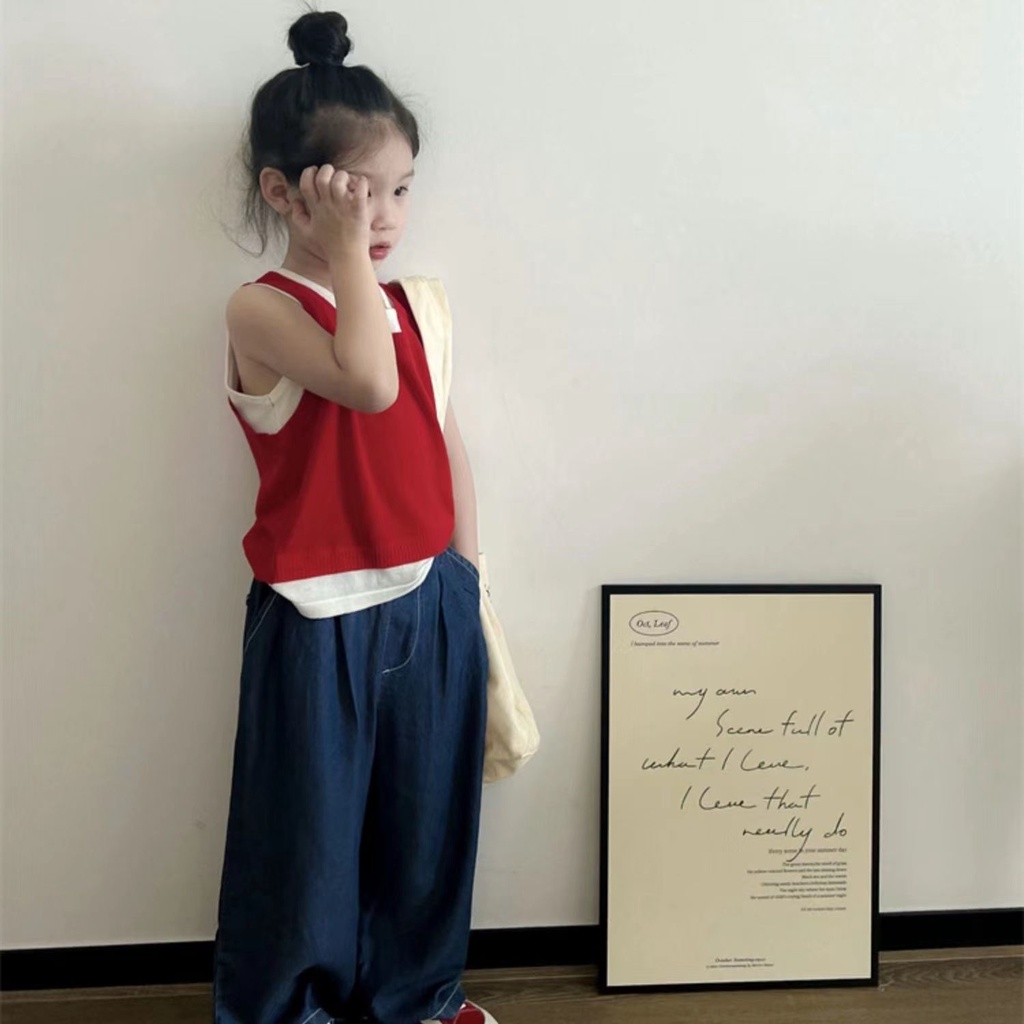 Set Áo Thun Sát Nách Và Quần jeans Ống Rộng Thời Trang Mùa Hè Hàn Quốc Mới Cho Bé Gái