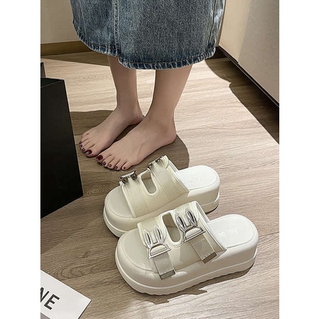 Dép Bánh Mì Đế Cao Nữ Tăng Chiều Bên Ngoài Mặc Thời Trang Tai Thỏ Khóa Kim Loại