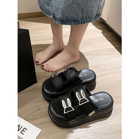 Dép Bánh Mì Đế Cao Nữ Tăng Chiều Bên Ngoài Mặc Thời Trang Tai Thỏ Khóa Kim Loại