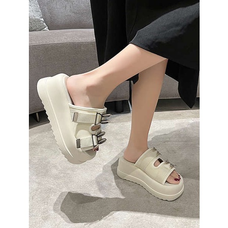 Dép Bánh Mì Đế Cao Nữ Tăng Chiều Bên Ngoài Mặc Thời Trang Tai Thỏ Khóa Kim Loại