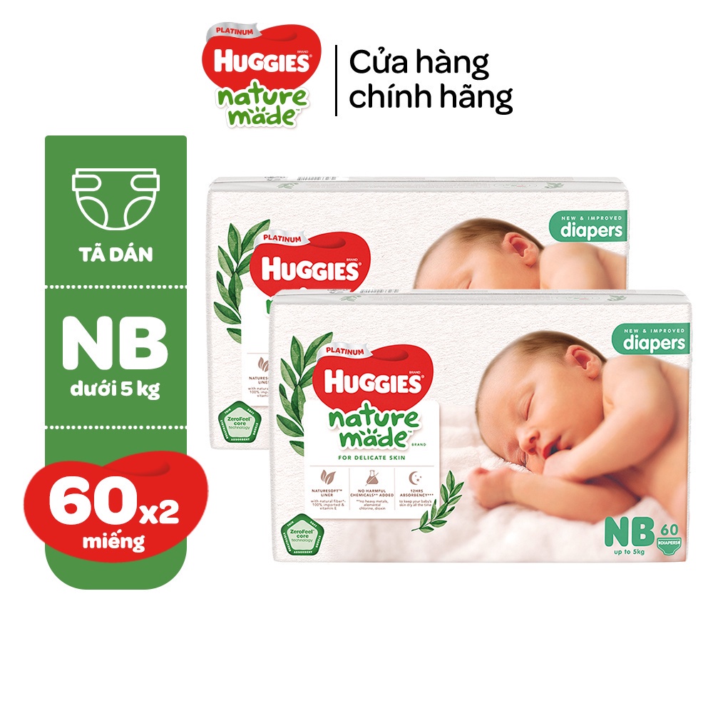 Combo 2 Tã/Bỉm dán sơ sinh Huggies Platinum NatureMade NB60 (dưới 5kg)-Gói Jumbo 60 miếng