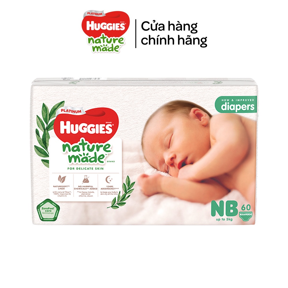 Tã/Bỉm dán sơ sinh Huggies Platinum NatureMade NB60 (dưới 5kg) Gói Jumbo 60 miếng